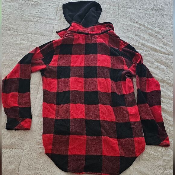 Ci Sono Red and Black Checkered Zipper/Button Hooded Fleece Hoodie. Large - Picture 3 of 4